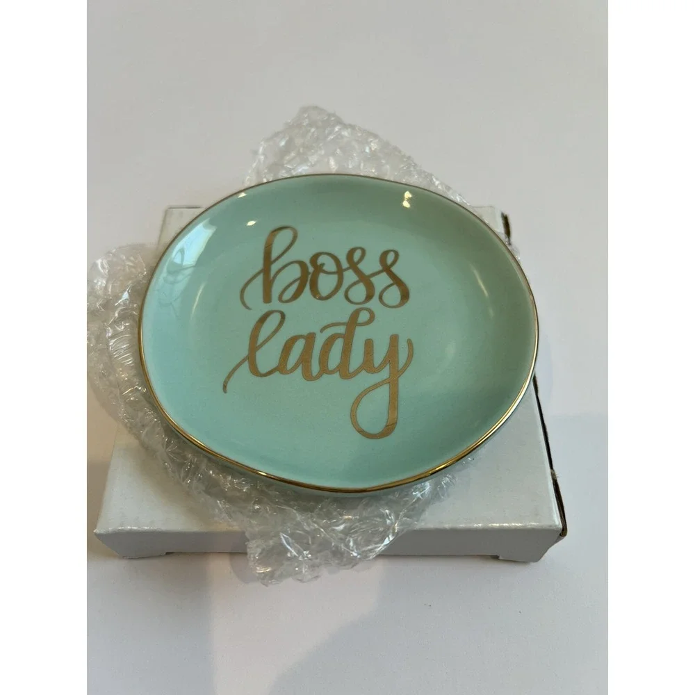 Boss Lady Jewelry Dish Trinket Mint Round Gold Ceramic Inspirational 4x4